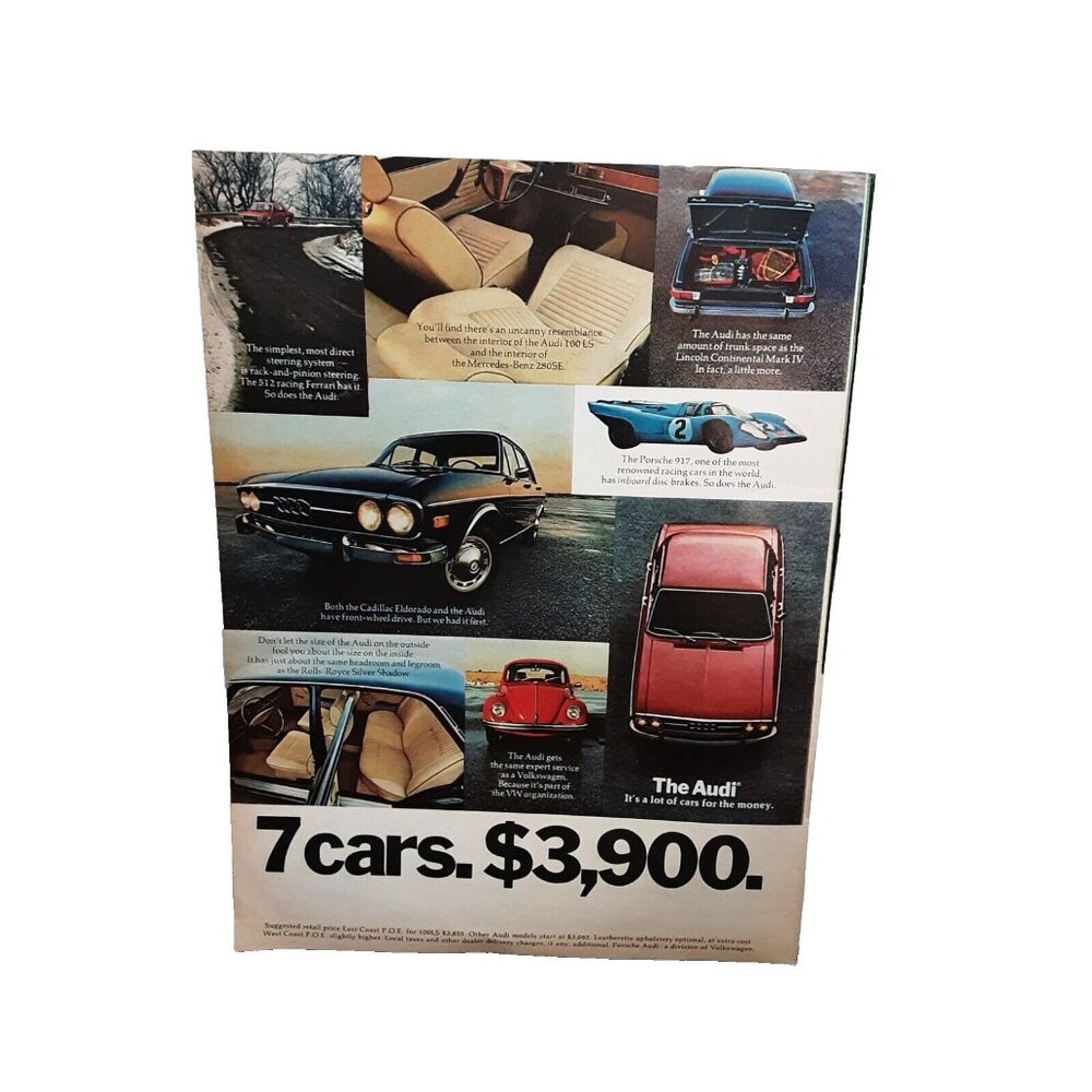 1972 Audi 100LS Car Volkswagen Porsche 917 Original Print Ad